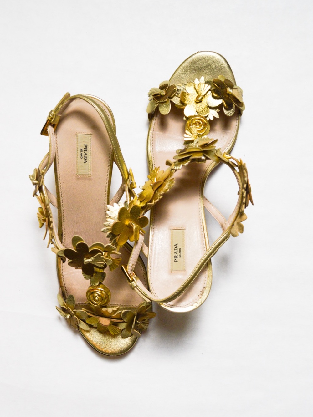 Prada Metallic Gold Floral Appliqué Slingback Sandals